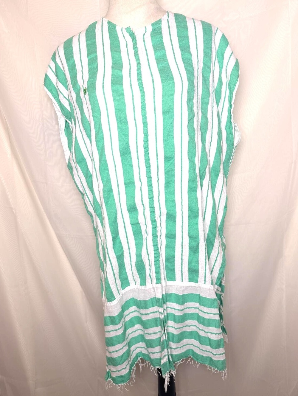 Lemlem Green & White Striped Cotton Caftan Tunic Cover Up Snap Front